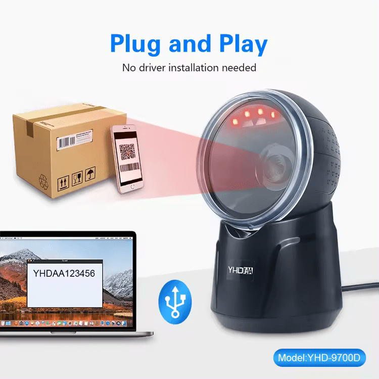 Máy quét mã vạch để bàn YHD 9700D dùng dây trực tiếp - quét mã QRCODE (2D) và mã dẹt BARCODE (1D) - đọc được tiếng việt - Hàng Nhập Khẩu