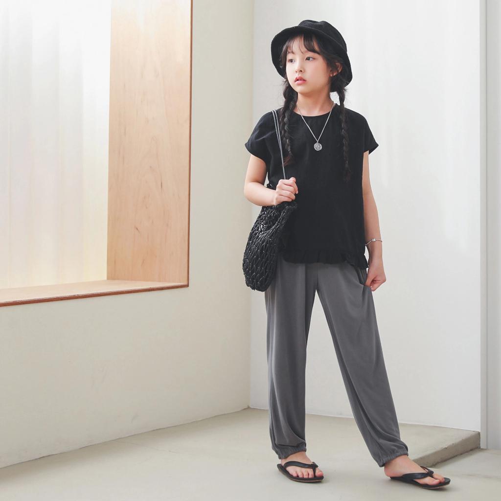 Quần dài bomber ông rộng bé gái Icotton trơn BG209