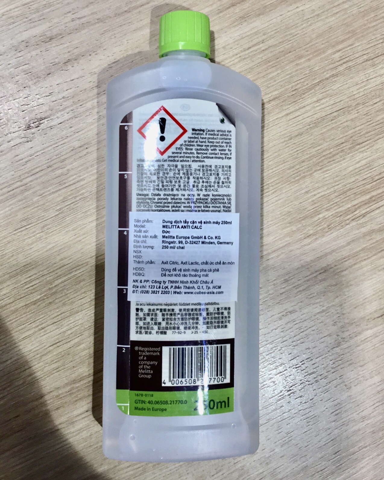 Dung dịch lọc cặn máy pha cà phê Melitta Anti Calc Bio Liquid Descaler Multi Usage 250ml - Hàng nhập khẩu từ Đức