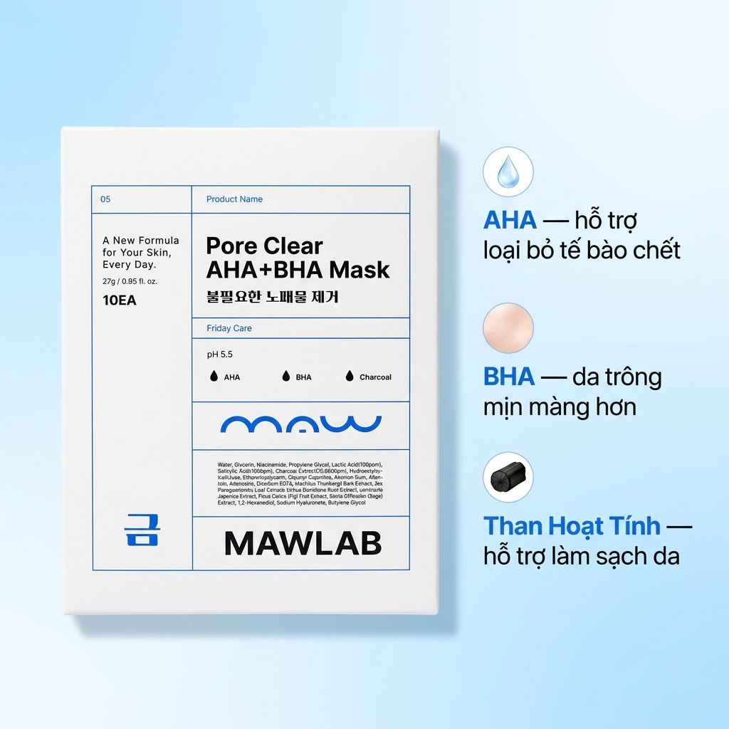 Mặt Nạ Làm Sạch Bề Mặt Da MAWLAB PORE CLEAR AHA+BHA MASK - Hộp 10 Miếng