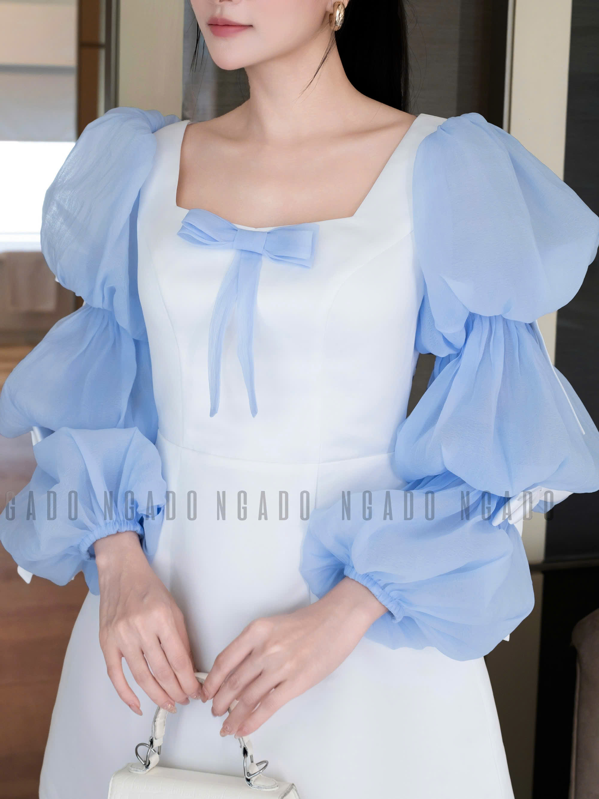 Đầm trắng tay voan phồng NGADO , đầm thiết kế Nữ , đầm dự tiệc