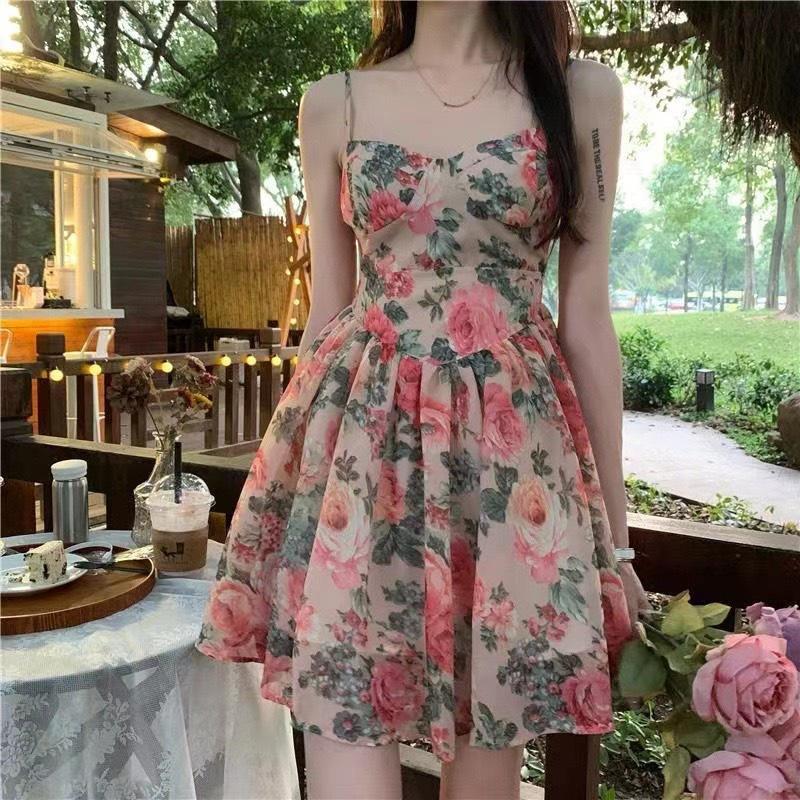 Váy nữ đầm vintage sang chảnh hai dây eo cao hoa hồng mùa hè siêu xinh Pasana0002v