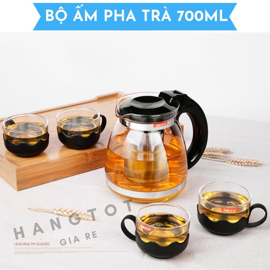 Bộ Ấm Pha Trà Thủy Tinh Kèm 4 Tách Lưới Lọc Inox 304 Không Gỉ, Cốc Pha Trà Kèm 4 Chén Tiện Lợi