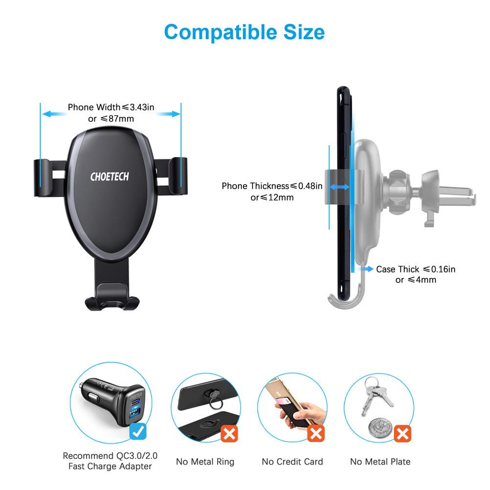 Giá đỡ kiêm Sạc không dây 10W hiệu CHOETECH H-T536S trên xe hơi / ô tô hiệu - Hàng chính hãng