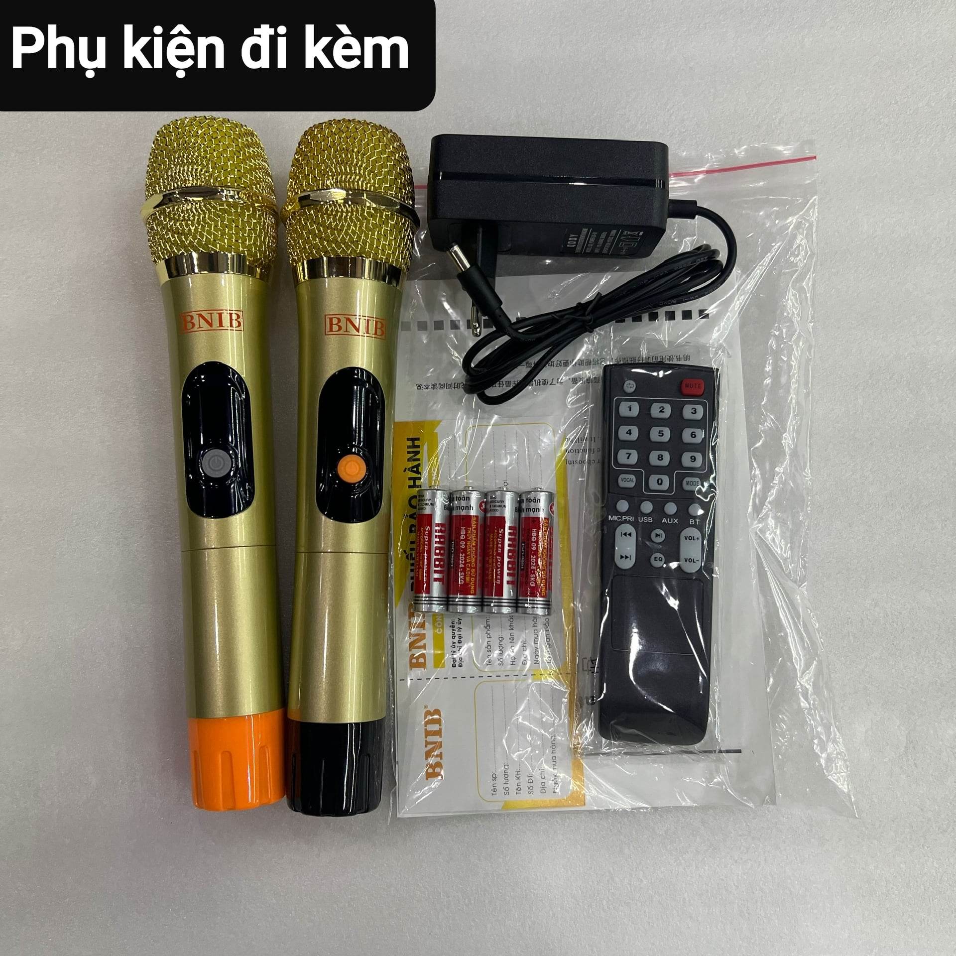 Loa xách tay Karaoke Bluetooth BNIB B-6S: Bass 16, 3 loa, Vỏ gỗ bọc da, Âm thanh chất lượng, Kèm 2 Micro vỏ kim loại