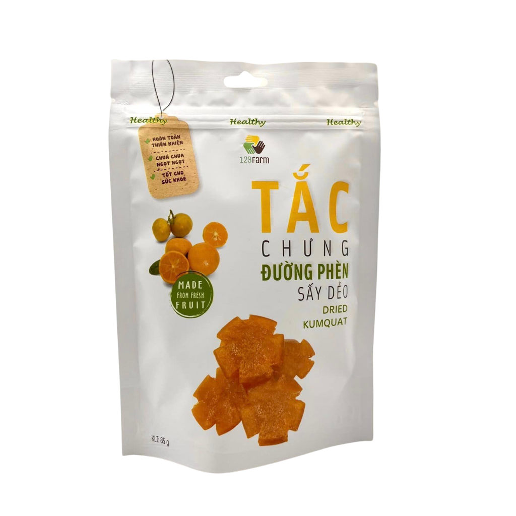 Tắc chưng đường phèn sấy dẻo 123farm 85gr - Ăn vặt từ trái cây dược liệu, tốt cho người viêm họng, đau họng, ho, khan tiếng