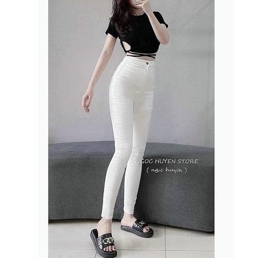 Quần Bò Nữ Skinny Lưng Cao Màu Trắng Cạp Cao Co Giãn Trơn Cơ Bản