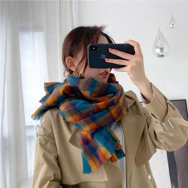 Khăn Len Quàng Cổ Nam Nữ Khăn Len Đôi Quàng Cổ Tặng Quà Noel Khăn Len Quàng Cổ Nam Nữ Khăn Kẻ Caro Vintage Cam