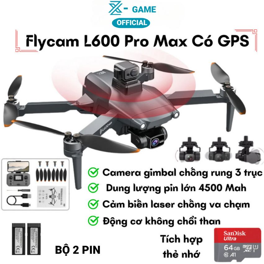 Máy Bay Flycam Drone Camera 4K HD L600 Pro Max Cao Cấp, Fly cam định vị G.P.S, chống rung 3 trục tốt hơn flycam K998, P14, P9, E88 - Hàng Chính Hãng