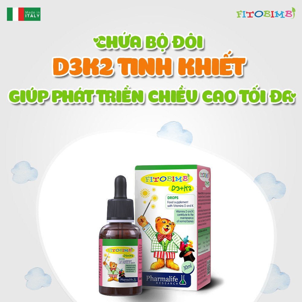 FITOBIMBI D3K2 - BỔ SUNG VITAMIN D3 VÀ K2 HỖ TRỢ CHUYỂN HÓA VÀ HẤP THU TỐI ĐA CANXI VÀO XƯƠNG RĂNG GIÚP GIẢM NGUY CƠ CÒI XƯƠNG Ở TRẺ