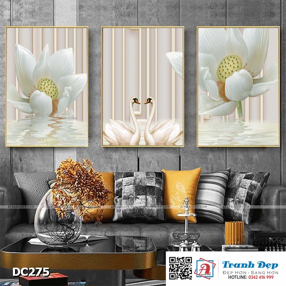 Bộ 3 tranh canvas treo tường Decor Thiên nga và hoa sen - DC275