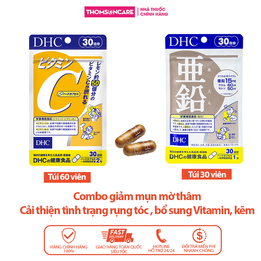 Combo hỗ trợ làm giảm mụn, mờ thâm, giúp làm đẹp da DHC Kẽm và DHC Vitamin C Nhật Bản -Hỗ trợ tóc rụng và cải thieenjda mụn , bổ sung Vitamin và kẽm Thomsoncare