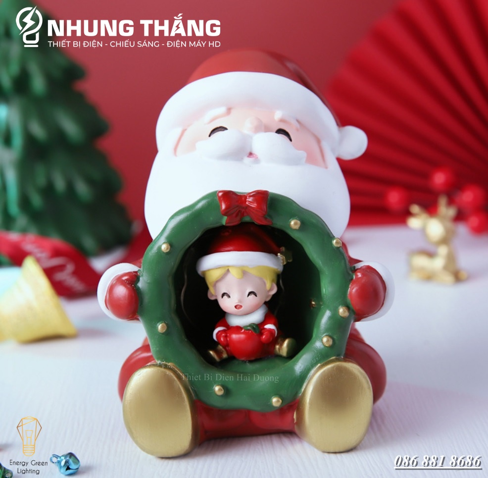 Quà Tặng Giáng Sinh - Đèn Ngủ Hình Ông Già Noel Ôm Cô Bé,Cậu Bé Siêu Dễ Thương 2109-3A - Trang Trí Giáng Sinh - Dùng Pin