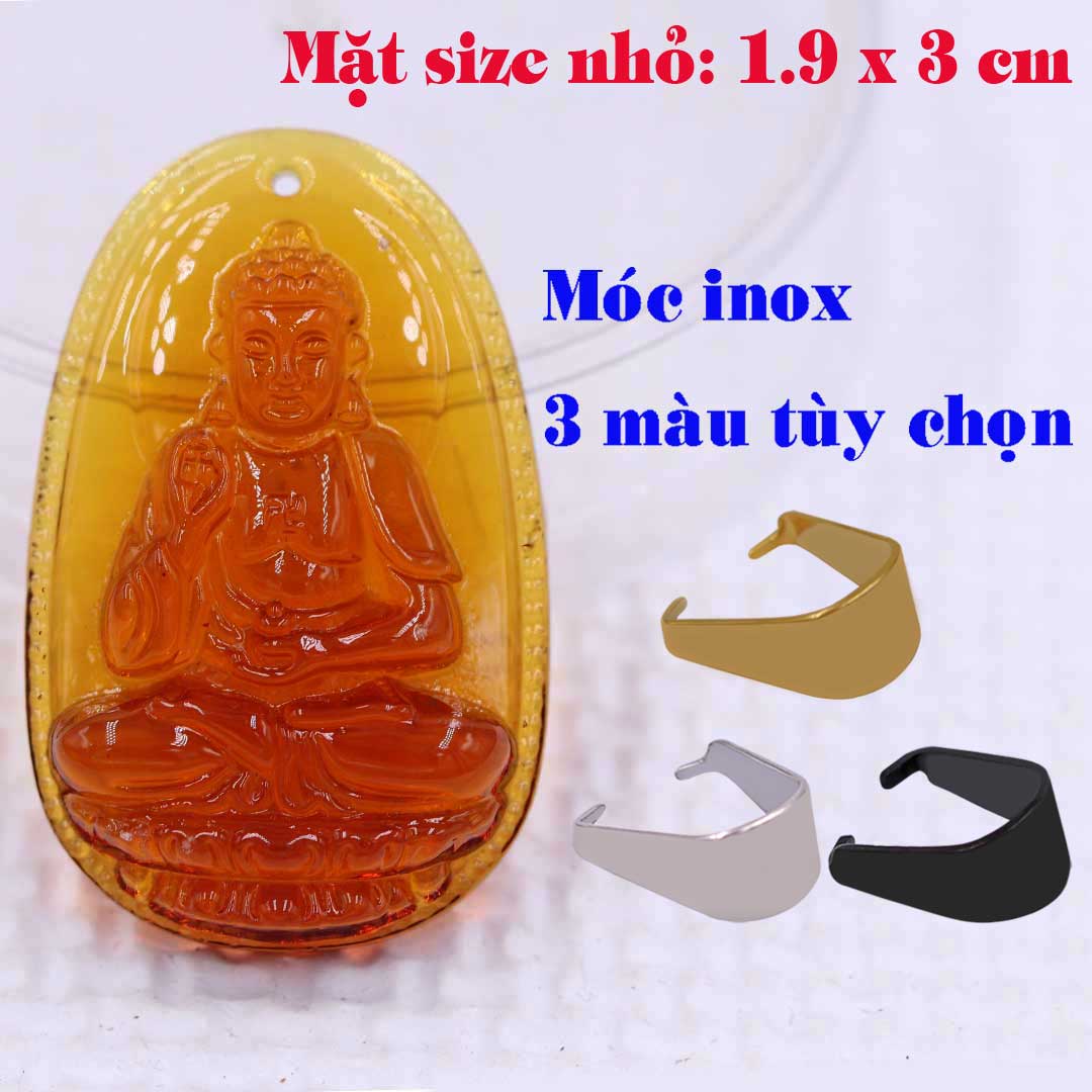 Mặt Phật A di đà pha lê cam 1.9cm x 3cm  kèm móc dây chuyền inox vàng, Phật bản mệnh, mặt dây chuyền Phật giáo