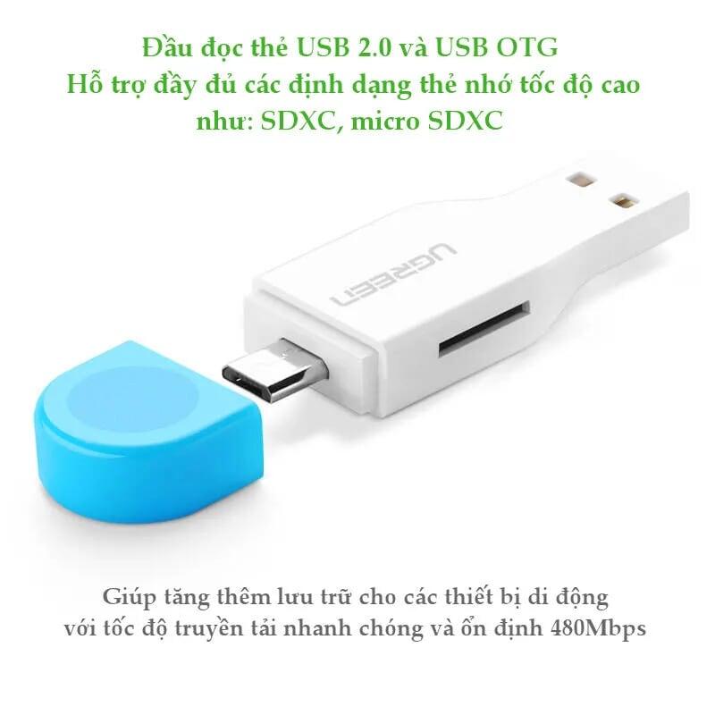 Ugreen UG3035830358TK Màu Trắng Đầu đọc thẻ nhớ USB 2.0 + MICRO USB sang TF hỗ trợ OTG - HÀNG CHÍNH HÃNG