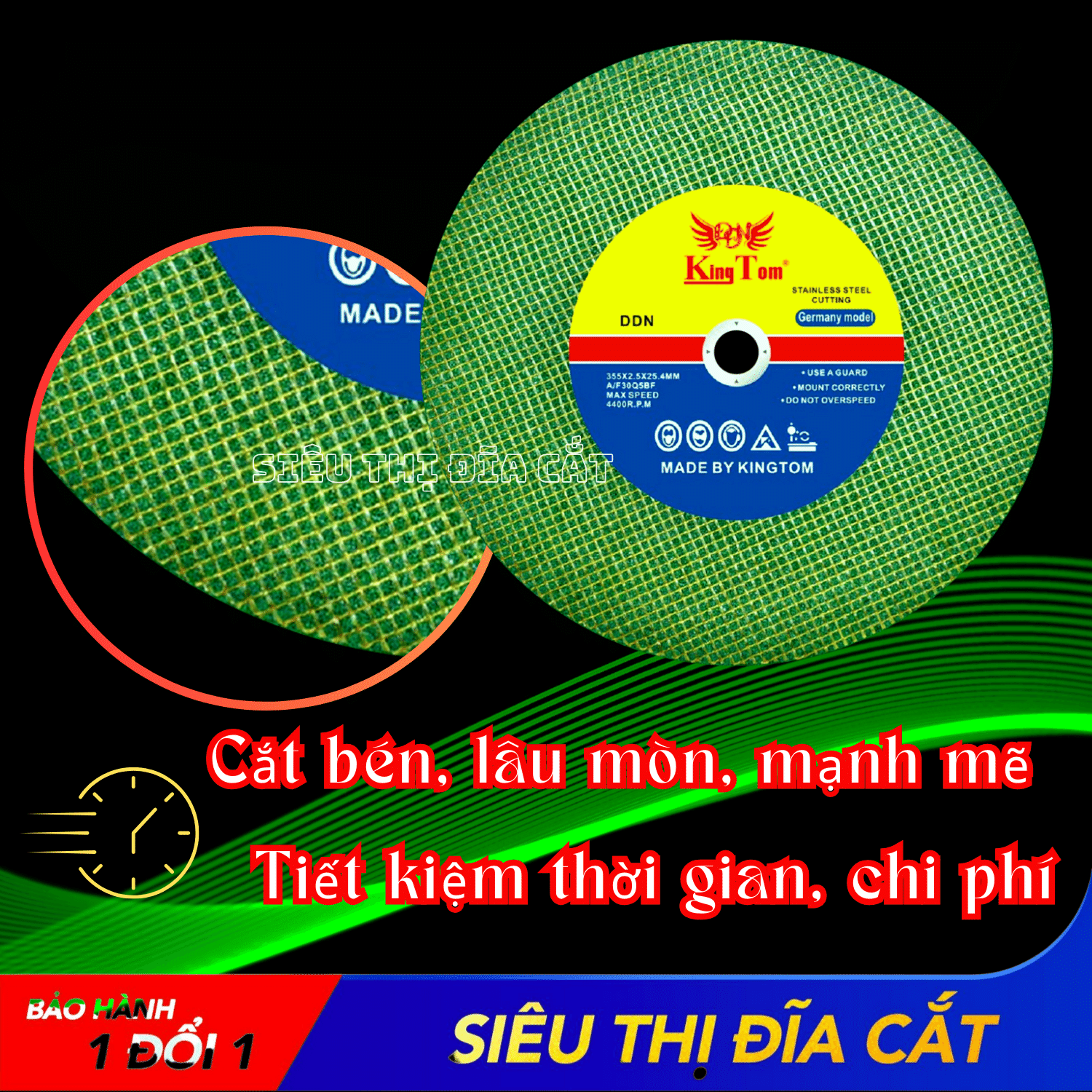 Đá Cắt Đặc Biệt KingTom Xanh 355x2.5x25.4mm - Lẻ 5 Viên - Chuyên Cắt Sắt, Inox