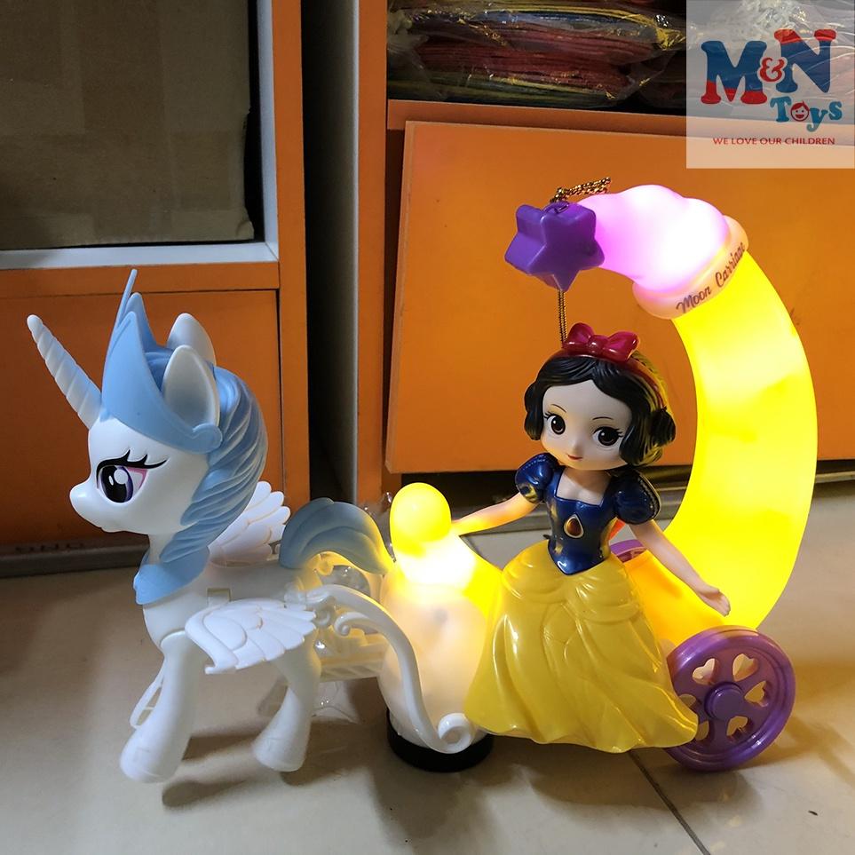 Đèn lồng Elsa, Sofia, Bạch Tuyết ngồi xe ngựa Pony chạy pin có nhạc có đèn cho bé chơi Trung Thu có tay cầm