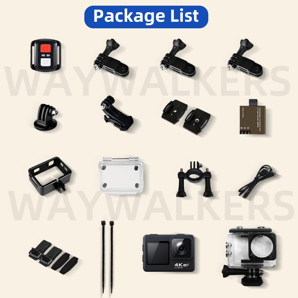 Waywalkers 4K 60fps Action Camera chống lắc WiFi với màn hình điều khiển từ xa Sport Sport Sport Drive Recorder Eis