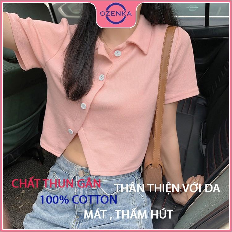 Áo croptop polo nữ tay ngắn vạt chéo , áo thun nữ có cổ cúc thật thun gân 100% cotton nhiều màu size dưới 50 cân