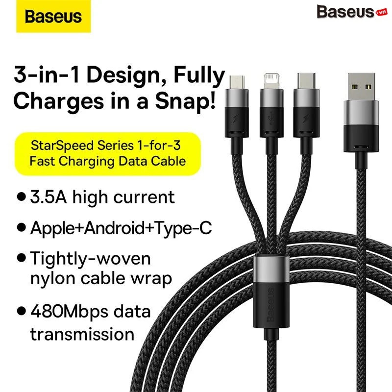 Cáp Sạc Đa Năng Baseus StarSpeed 1-for-3 Fast  Data Cable USB to Micro ipType C - HÀNG CHÍNH HÃNG