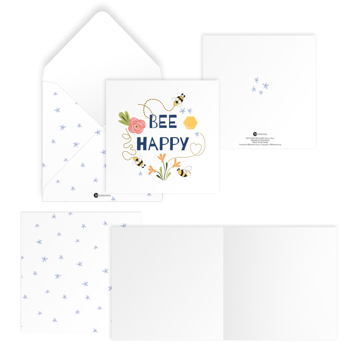 Bộ 4 thiệp vuông 12cm SDstationery LET IT BEE chúc mừng, tình bạn, tình yêu, sinh nhật, truyền cảm hứng, động viên