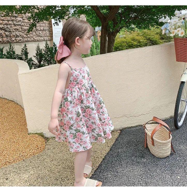 CHENGRUI Quần áo trẻ em 2023 cho bé gái Hàn Quốc phong cách phương Tây cô gái nhỏ sling váy trẻ em hoa mảnh đầm mùa hè váy công chúa