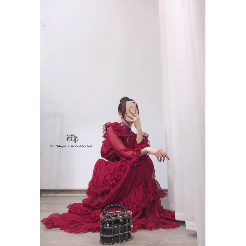 Váy maxi tơ bèo tầng kèm đai ngọc
