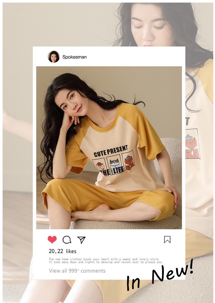 Đồ bộ mặc nhà cotton nữ tay ngắn quần lửng hình hoạt hình 295