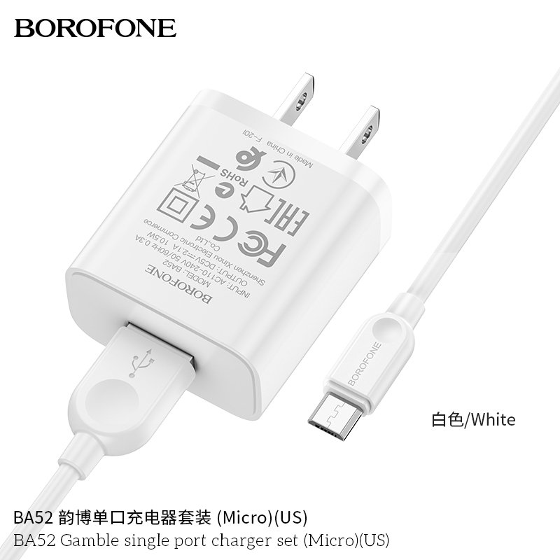 Bộ Cóc Cáp Sạc Borofone BA52 Cổng Micro - 1 Cổng USB 2.1A chuẩn US- Hàng  Nhập Khẩu ( Giao màu ngẫu nhiên)