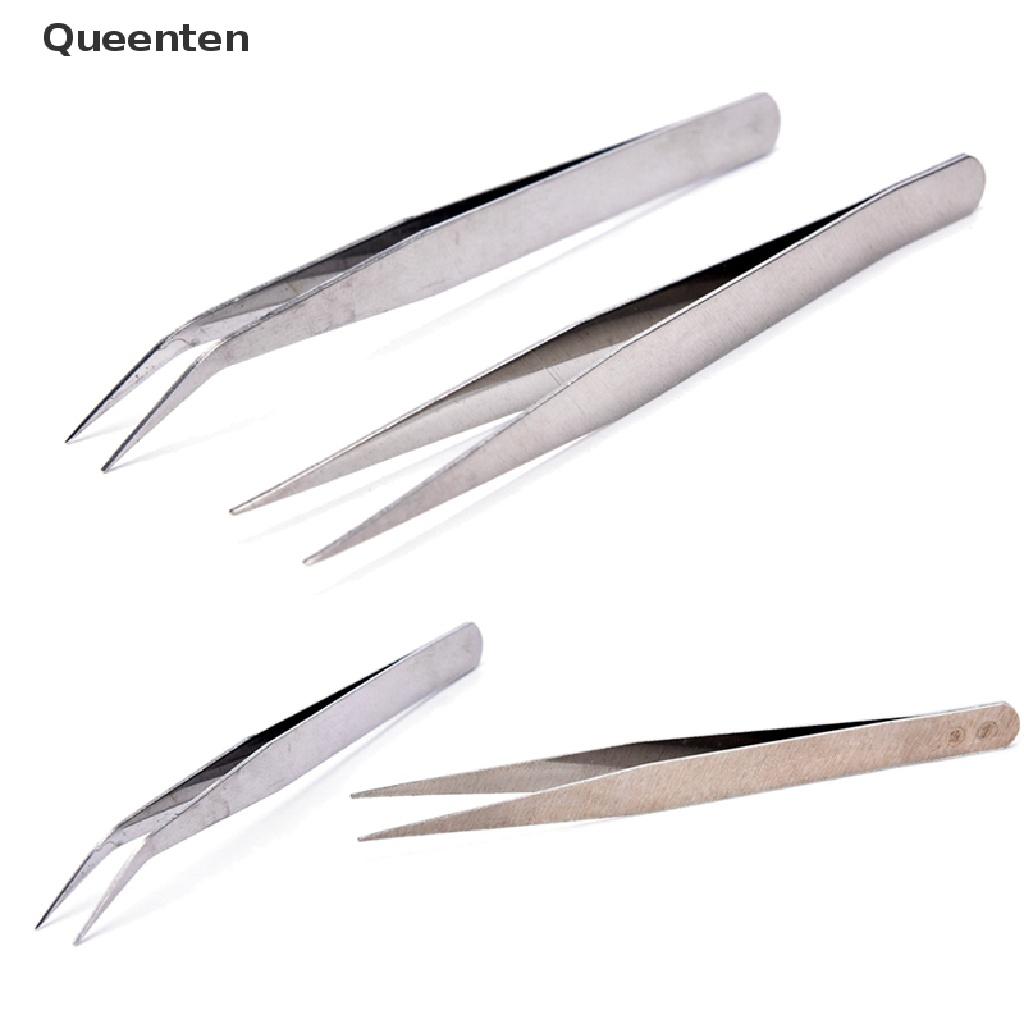 Queenten 2pcs Stainless Steel Straight Elbow Tweezers Patchwork Hook Pick-up Makeup Tools QT