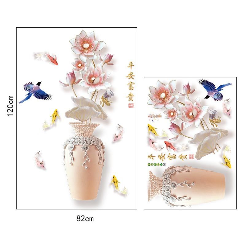 Decal trang trí tường - Chậu và Hoa Sen trắng hồng nhạt 3D mới