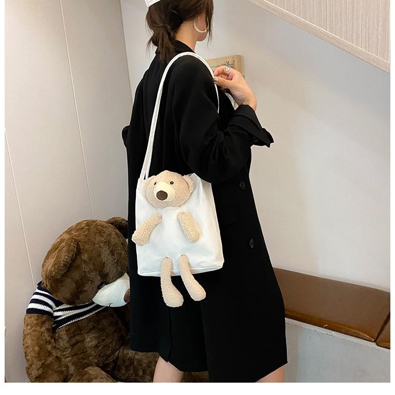 Cute Bear Canvas Bag Female Student Shoulder Messenger Bag Internet Celebrity Large Capacity Shoulder Bag