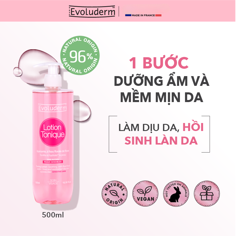 Nước hoa hồng dưỡng ẩm và làm sạch cho da nhạy cảm Evoluderm Lotion Tonique 500ml