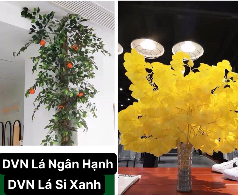 Bó 12 cành Lá ngân hạnh decor lá giả, lá vàng trang trí cành cây giả cao cấp