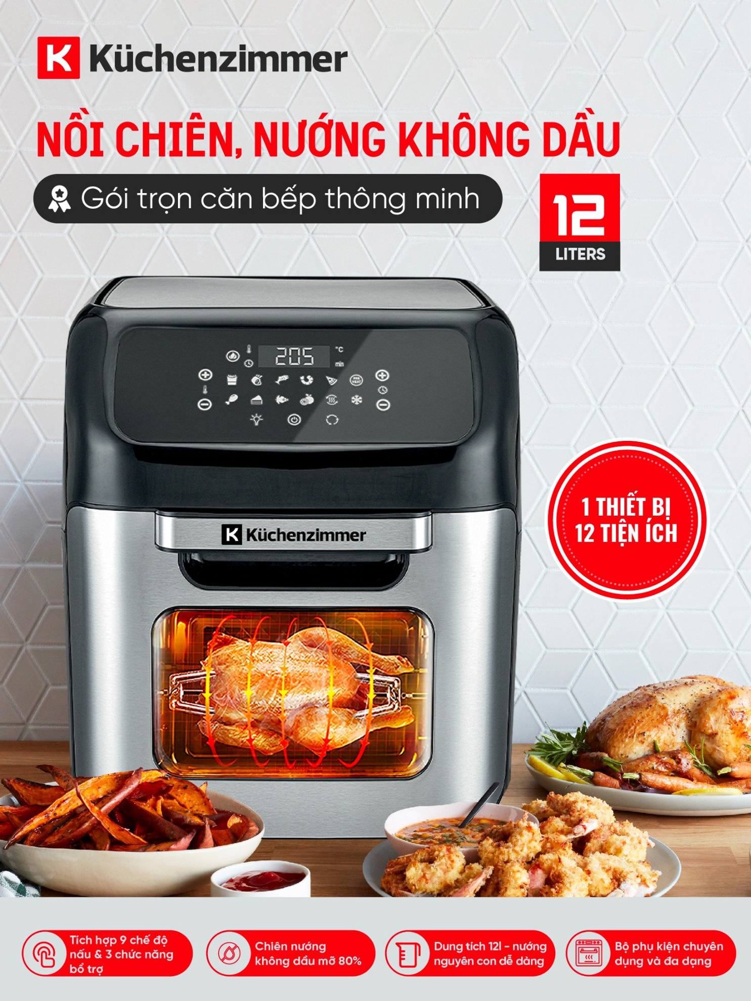 Nồi chiên nướng không dầu Kuchenzimmer 12L - 002776 - Hàng Chính Hãng