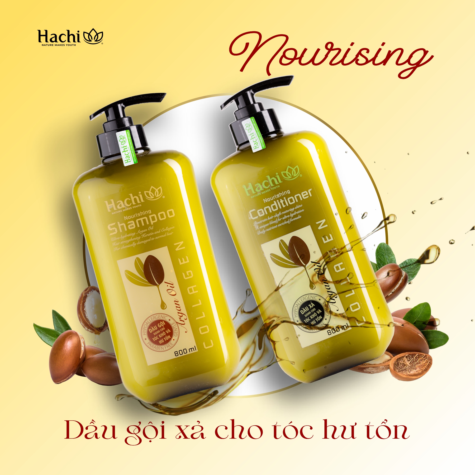 Bộ sản phẩm dầu gội - xả HACHI phục hồi hư tổn Argan - Nourishing