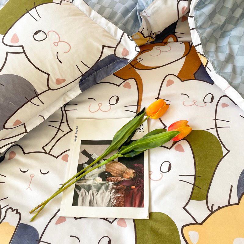 Bộ chăn ga gối Cotton poly M2T bedding vỏ chăn mền, drap ga giường và 2 vỏ gối nằm họa tiết mèo nhí nhố
