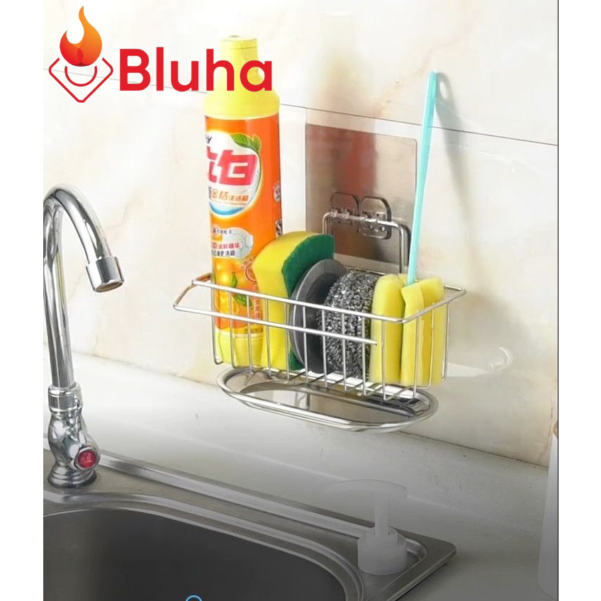 Giá để Giẻ Rửa Bát Dán Tường Inox KRC4 - Giỏ treo đồ rửa chén Kèm Khay Hứng Nước và Thanh phơi khăn tiện dụng không han rỉ