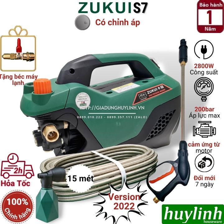 Máy xịt rửa xe chỉnh áp Zukui S7 - công suất 2800W - Áp lực 150 bar - Tặng béc rửa máy lạnh, điều hoà - Hàng chính hãng