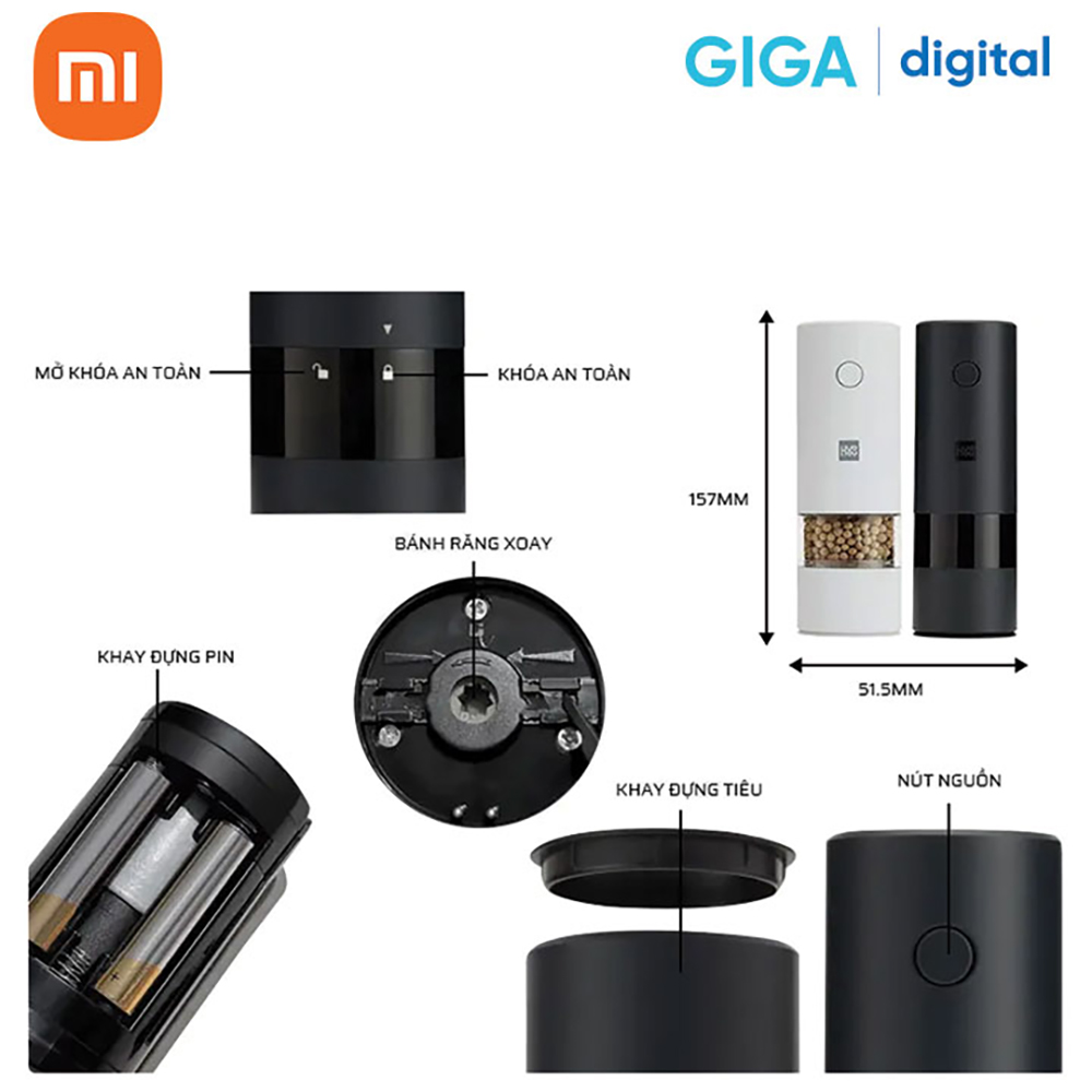 Máy xay hạt tiêu muối gia vị tự động Xiaomi Huohou Youpin bằng điện có đèn LED với 5 chế độ xay - Hàng Chính Hãng