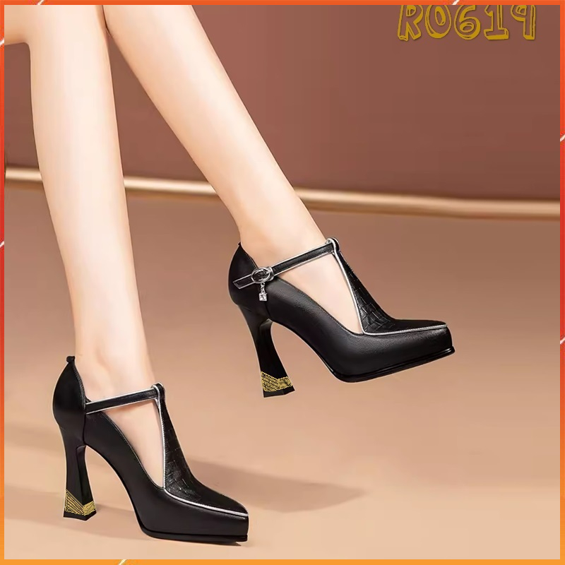 Giày cao gót nữ đẹp đế trụ 9 phân hàng hiệu rosata hai màu đen trắng cao cấp ro619