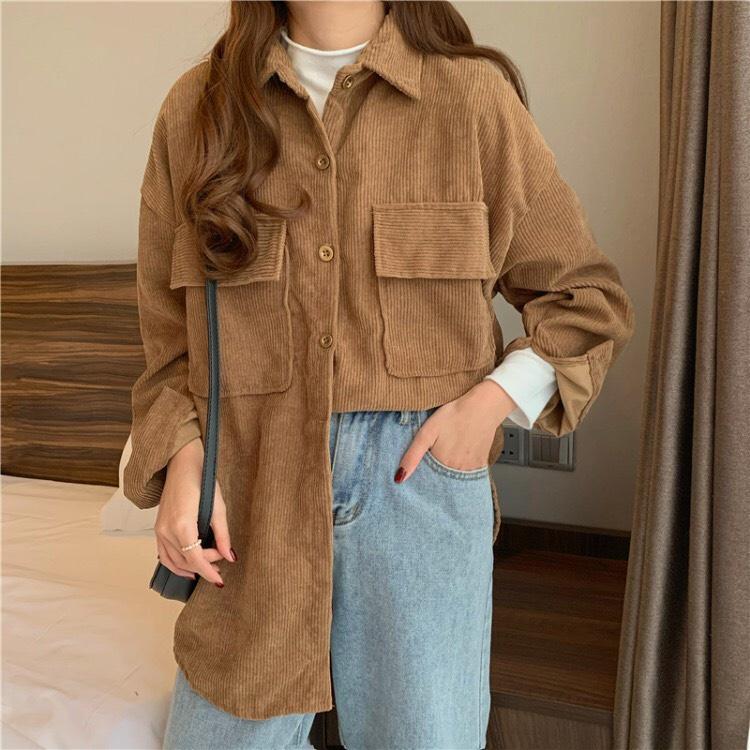 Áo Sơ Mi Nhung Tăm Gân 2 Túi Nút Bấm Form Rộng Unisex Nam Nữ Style Hàn Quốc Ulzzang KUN