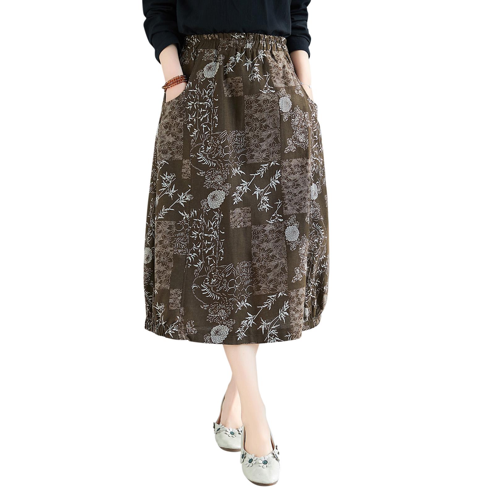 Women Vintage Skirt Linen Fabric Elastic Waist Pockets Loose Fit Midi Skirt Plus Size Casual Dress