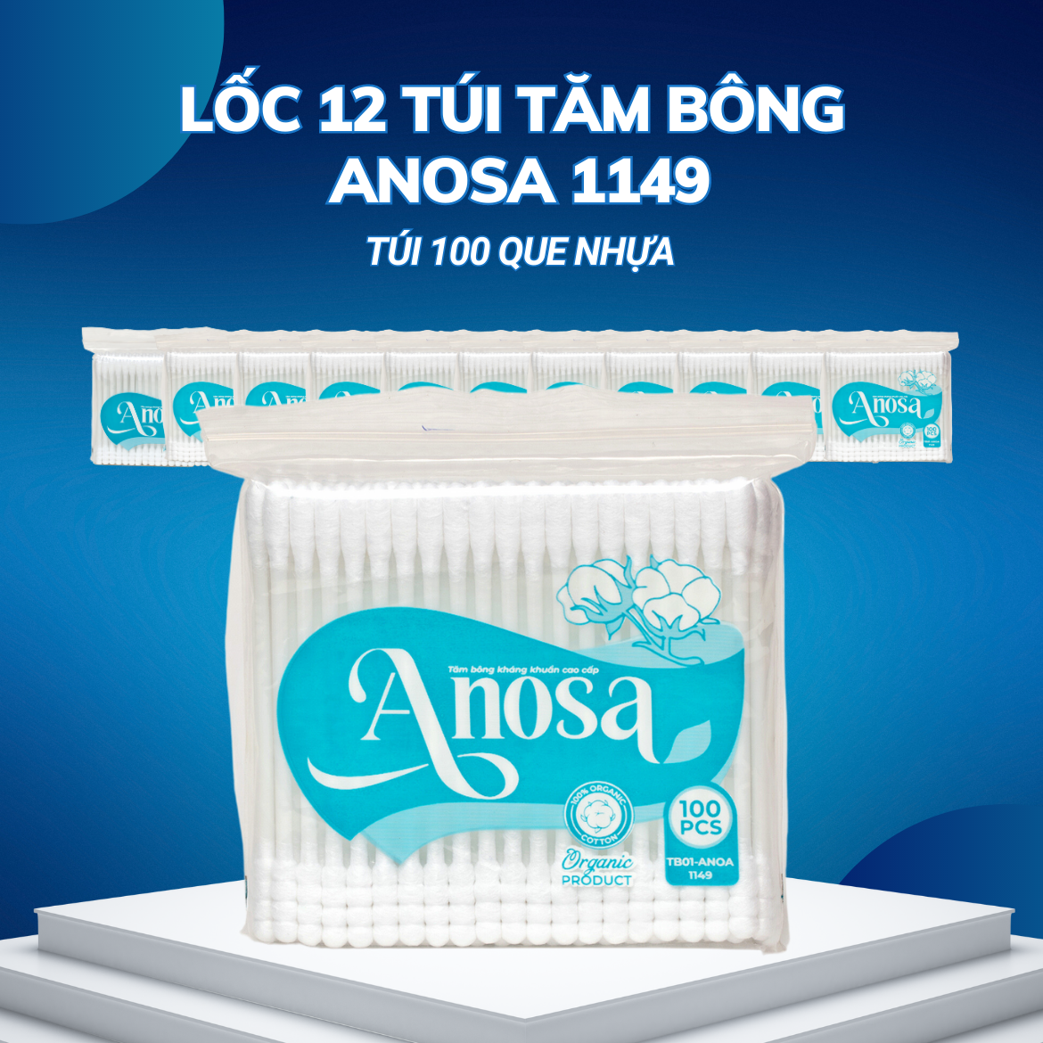 Lốc 12 túi Tăm bông Anosa người lớn thân nhựa túi 100 que TB01-1149