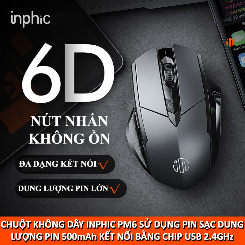 Chuột không dây INPHIC PM6 sử dụng pin sạc với dung lượng pin 500mAh kết nối bằng chip USB 2.4GHz - Hàng Chính Hãng