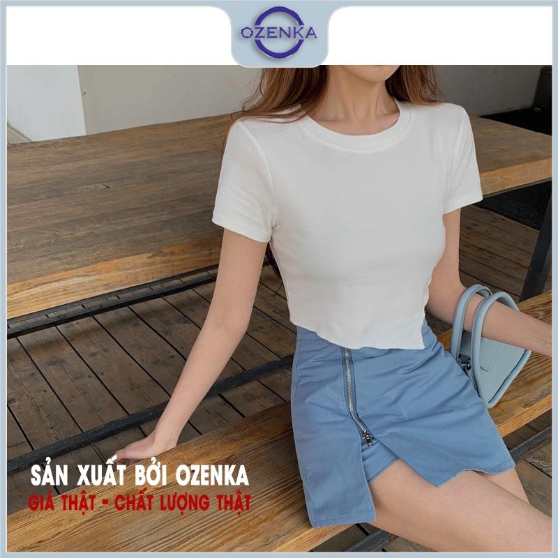 Áo croptop Ozenka cổ tròn cộc tay vạt lệch , áo crt kiểu Hàn Quốc mặc đi học đi chơi màu đen trắng dưới 55 kg