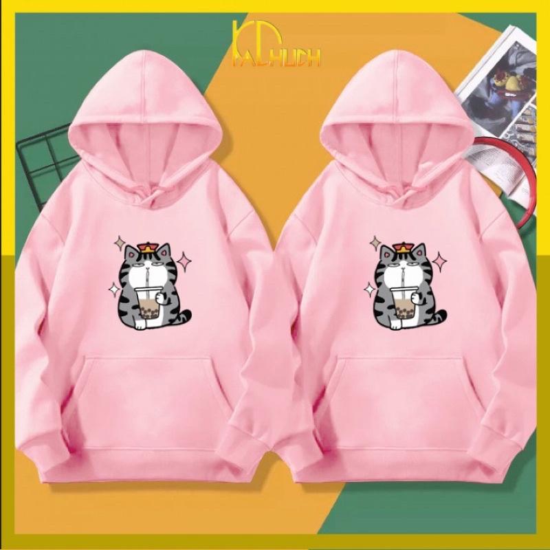 Áo hoodie cặp in mèo hoàng thượng uống trà sữa