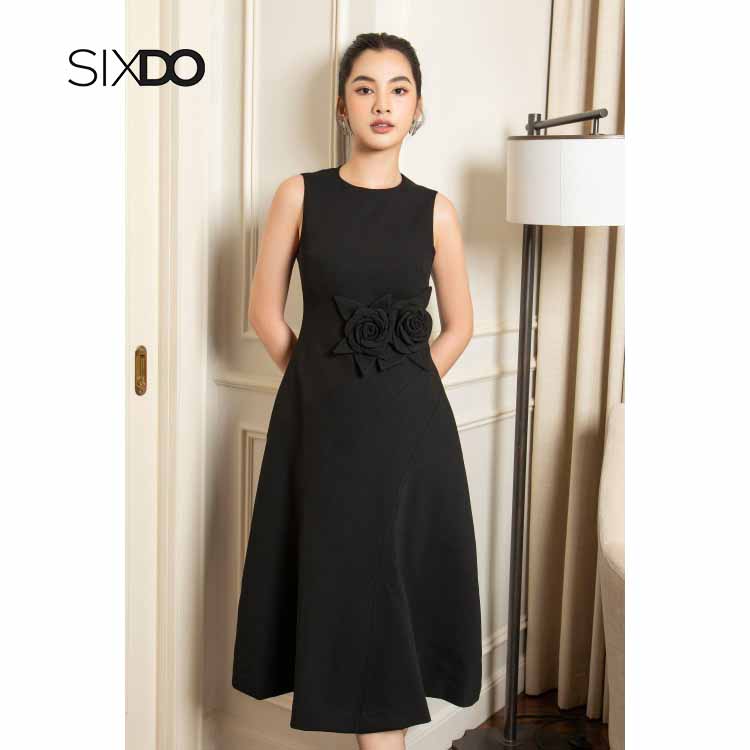 Đầm sát nách dáng xòe phối hoa eo sang trọng SIXDO