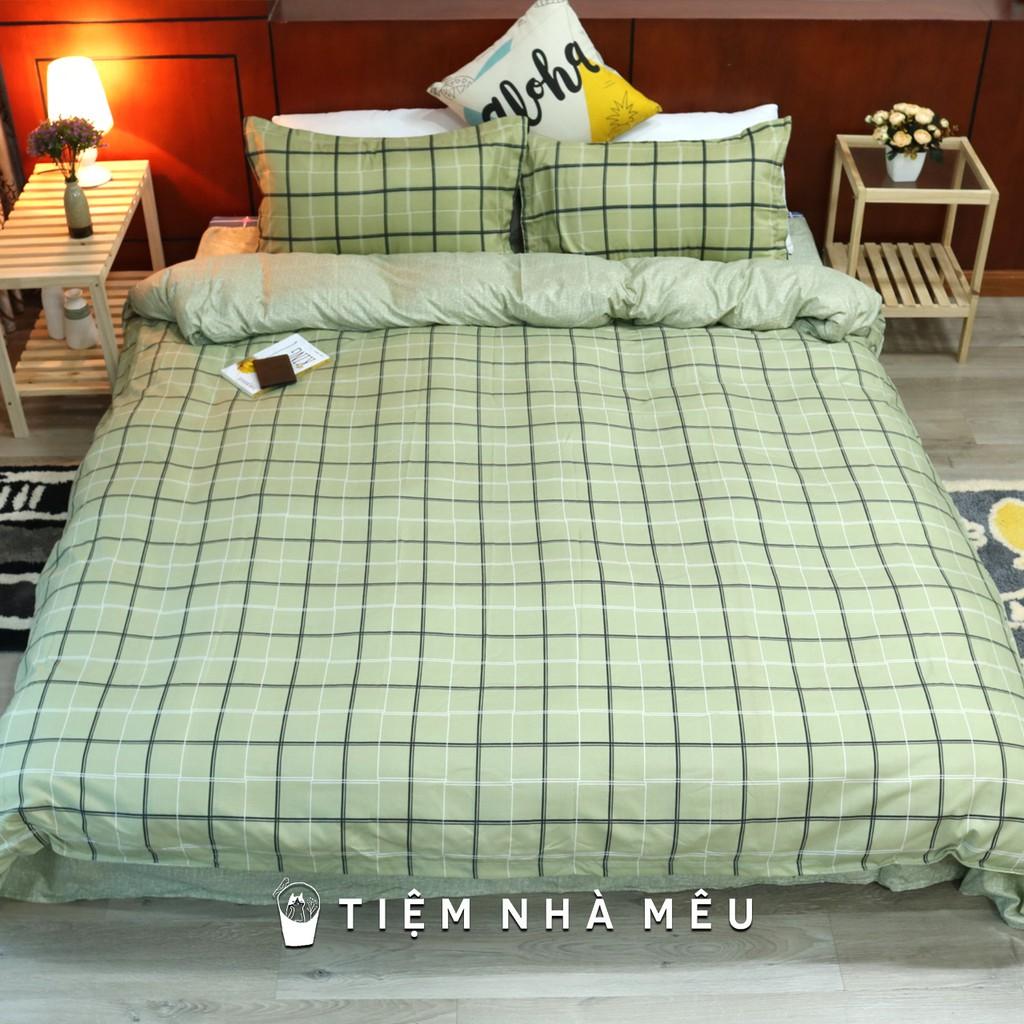 Bộ Chăn Ga Gối Cotton 3D m6/m8/2m - Full size Tiệm Nhà Mêu 2 Vỏ gối ,drap , vỏ chăn Cotton Caro Xanh Cốm