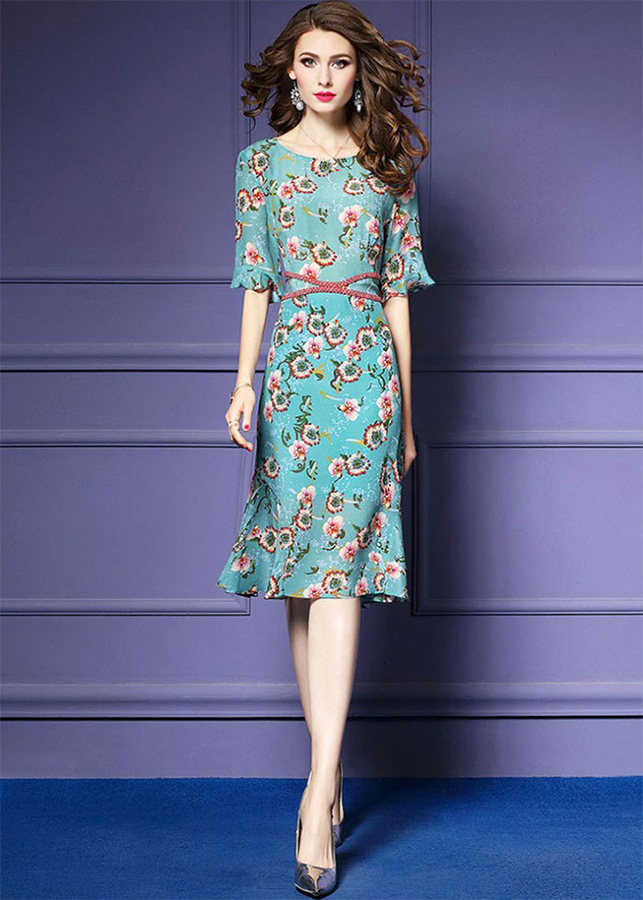 Đầm Xoè Hoạ Tiết Lập Thể Phối Thắt Lưng - Xanh Ngọc Size XL